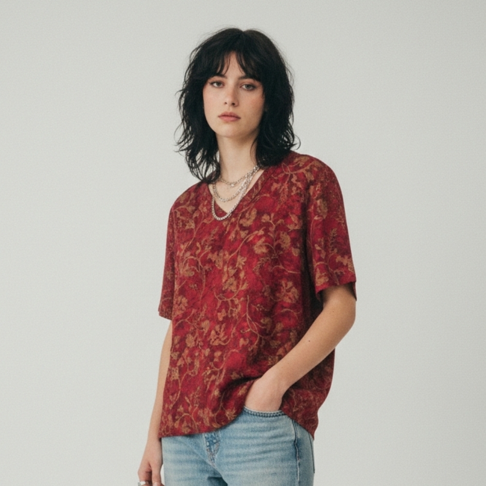 Vintage Liz Baker Tee Blouse Red Floral Boho Casual Office M